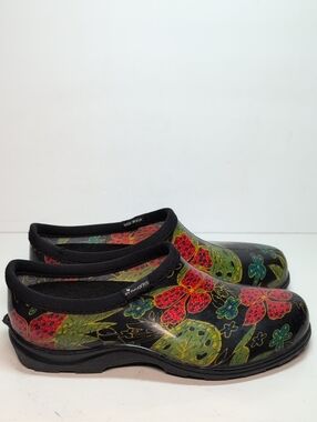 SLOGGERS midsummer black floral waterproof Garden shoes women's size 9